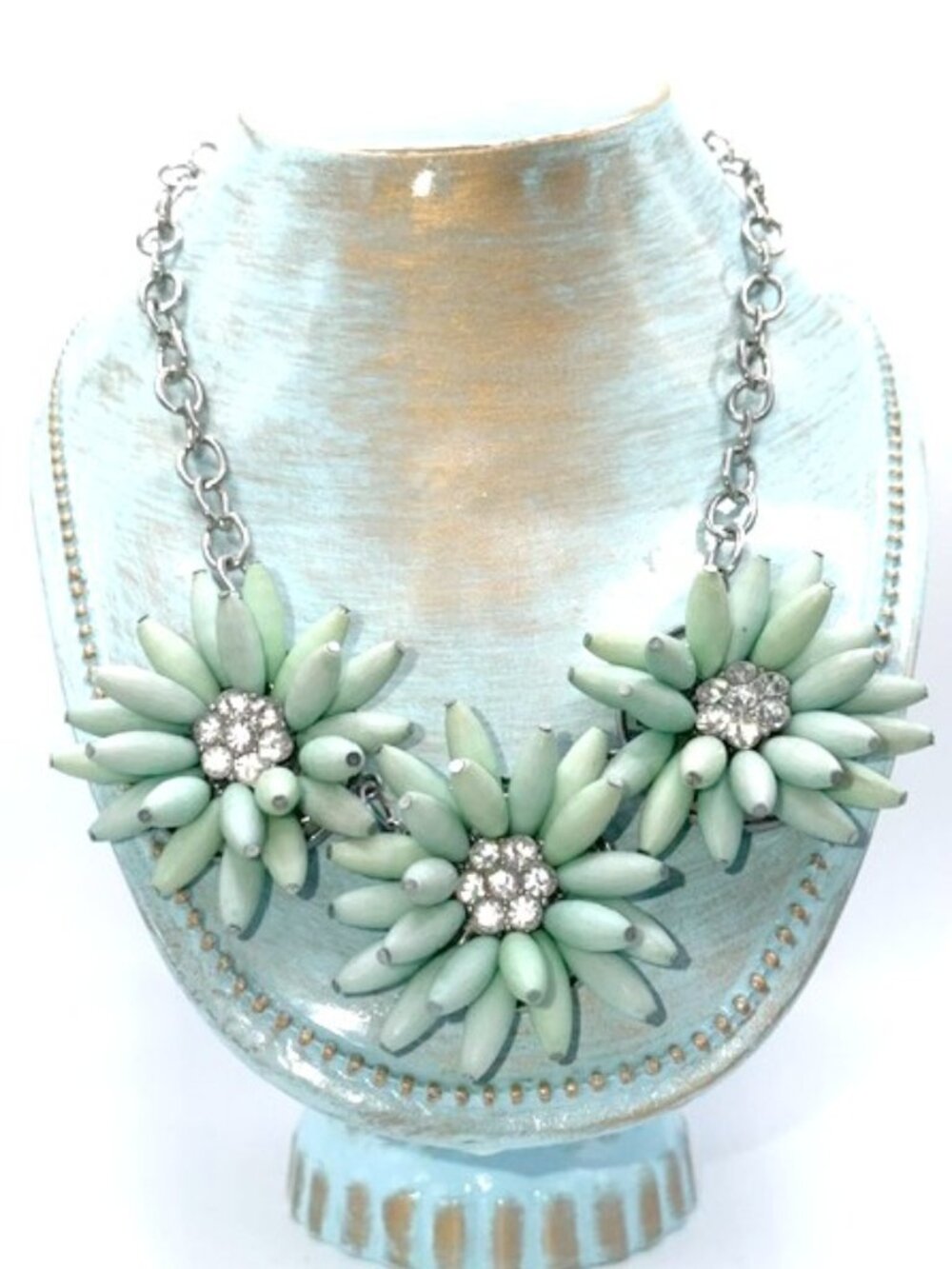 Seafoam Green Blue Floral Rhinestone Statement Bib Necklace Silver Tone